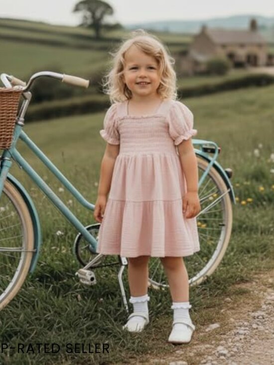 Boho Smocked Puff Sleeve Toddler Dress Cotton Blend A-Line Princess Casual - Picture 3 of 7